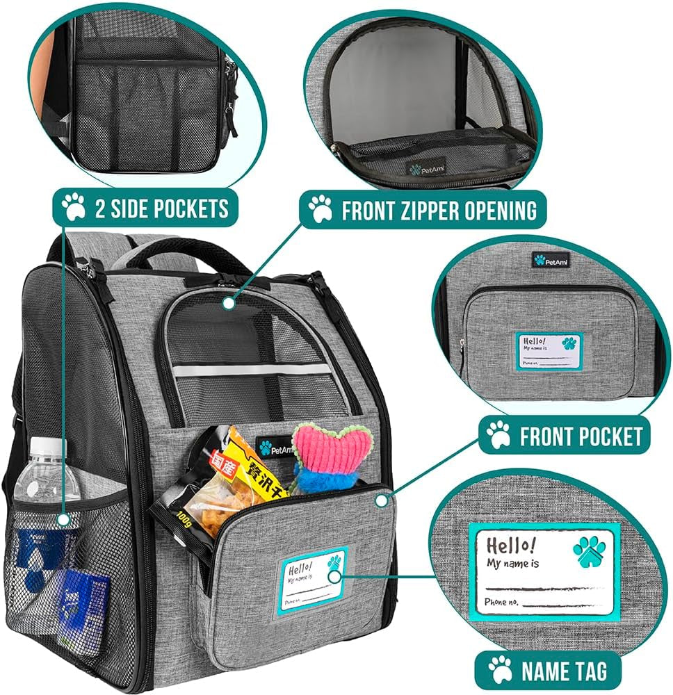 Pet Carrier Backpack for Dogs and Cats, Ventilated Hiking Travel Bag, Airline Approved for Pets up to 18 lbs, Grey