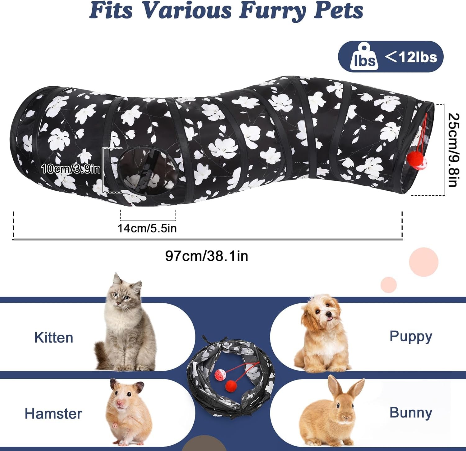 Cat Tunnel, S-Shaped Cat Tube Tunnel 25 * 97Cm(9.8''*38.2'') with Balls and Bells, Collapsible Portable Kitten Play Tent Toy Interactive Cats House with Peep Holes for Kitty, Magnolia