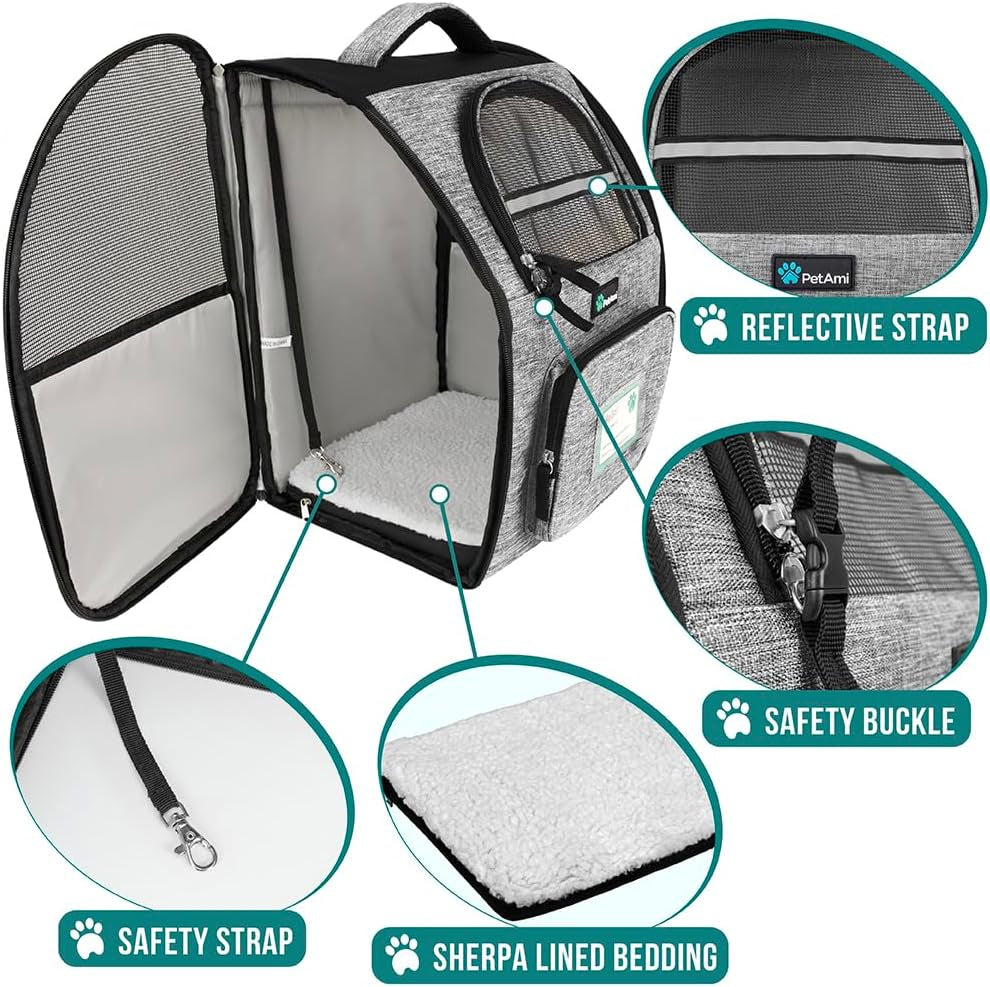 Pet Carrier Backpack for Dogs and Cats, Ventilated Hiking Travel Bag, Airline Approved for Pets up to 18 lbs, Grey