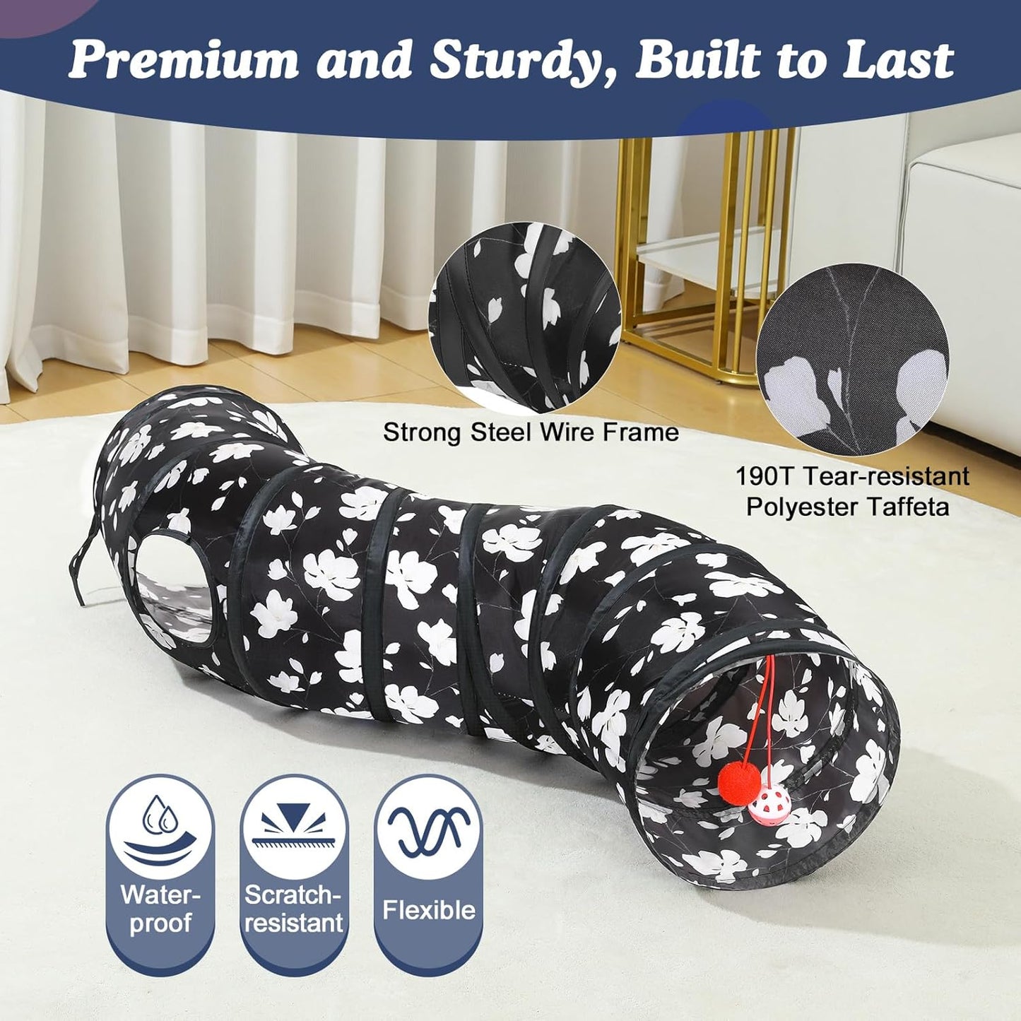 Cat Tunnel, S-Shaped Cat Tube Tunnel 25 * 97Cm(9.8''*38.2'') with Balls and Bells, Collapsible Portable Kitten Play Tent Toy Interactive Cats House with Peep Holes for Kitty, Magnolia