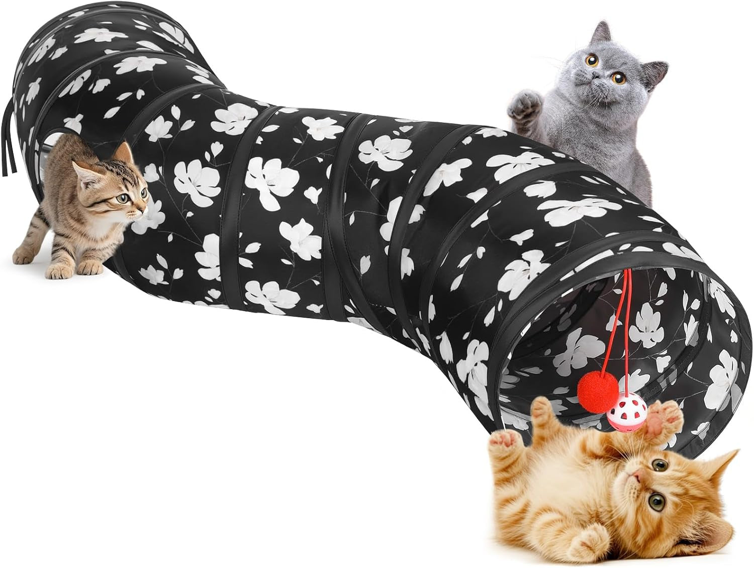 Cat Tunnel, S-Shaped Cat Tube Tunnel 25 * 97Cm(9.8''*38.2'') with Balls and Bells, Collapsible Portable Kitten Play Tent Toy Interactive Cats House with Peep Holes for Kitty, Magnolia