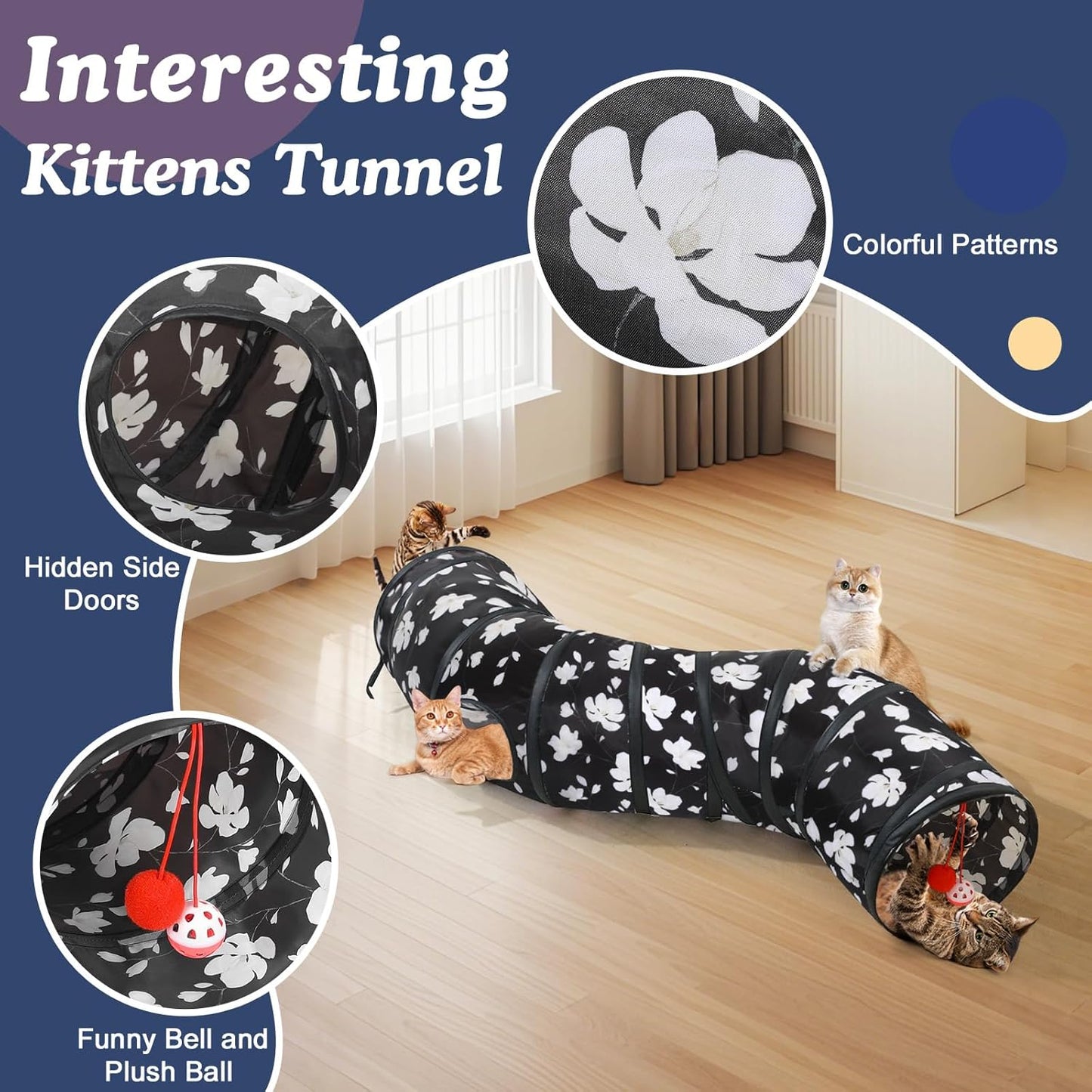 Cat Tunnel, S-Shaped Cat Tube Tunnel 25 * 97Cm(9.8''*38.2'') with Balls and Bells, Collapsible Portable Kitten Play Tent Toy Interactive Cats House with Peep Holes for Kitty, Magnolia