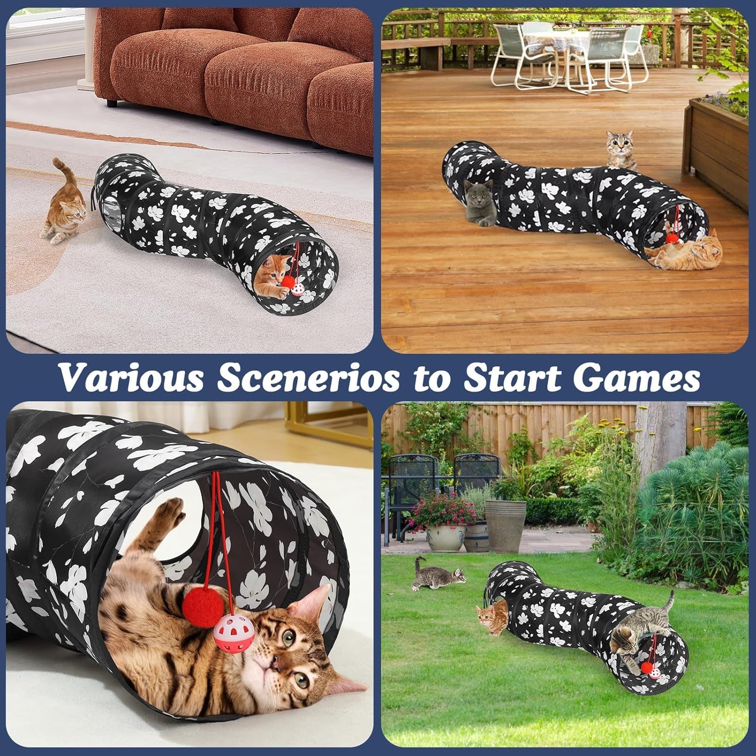 Cat Tunnel, S-Shaped Cat Tube Tunnel 25 * 97Cm(9.8''*38.2'') with Balls and Bells, Collapsible Portable Kitten Play Tent Toy Interactive Cats House with Peep Holes for Kitty, Magnolia