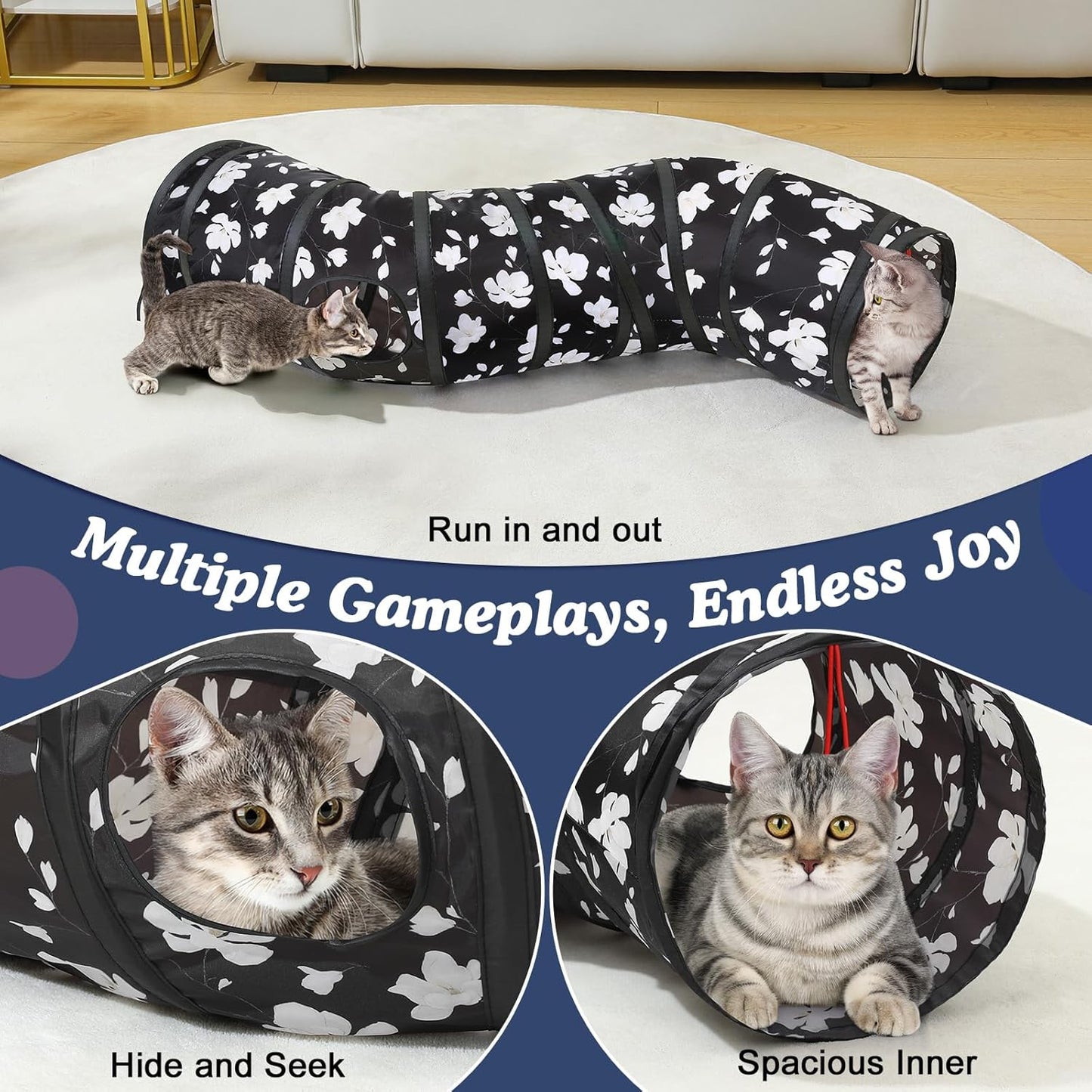 Cat Tunnel, S-Shaped Cat Tube Tunnel 25 * 97Cm(9.8''*38.2'') with Balls and Bells, Collapsible Portable Kitten Play Tent Toy Interactive Cats House with Peep Holes for Kitty, Magnolia