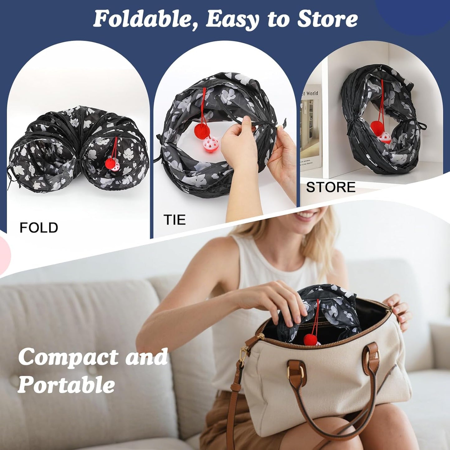 Cat Tunnel, S-Shaped Cat Tube Tunnel 25 * 97Cm(9.8''*38.2'') with Balls and Bells, Collapsible Portable Kitten Play Tent Toy Interactive Cats House with Peep Holes for Kitty, Magnolia